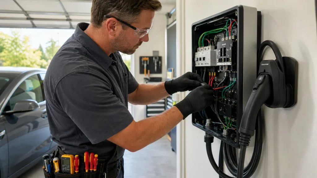 Best EV Chargers for Home in 2026: Top Level 2 Picks 2 A licensed electrician installing a hardwired Level 2 EV charger in a garage.