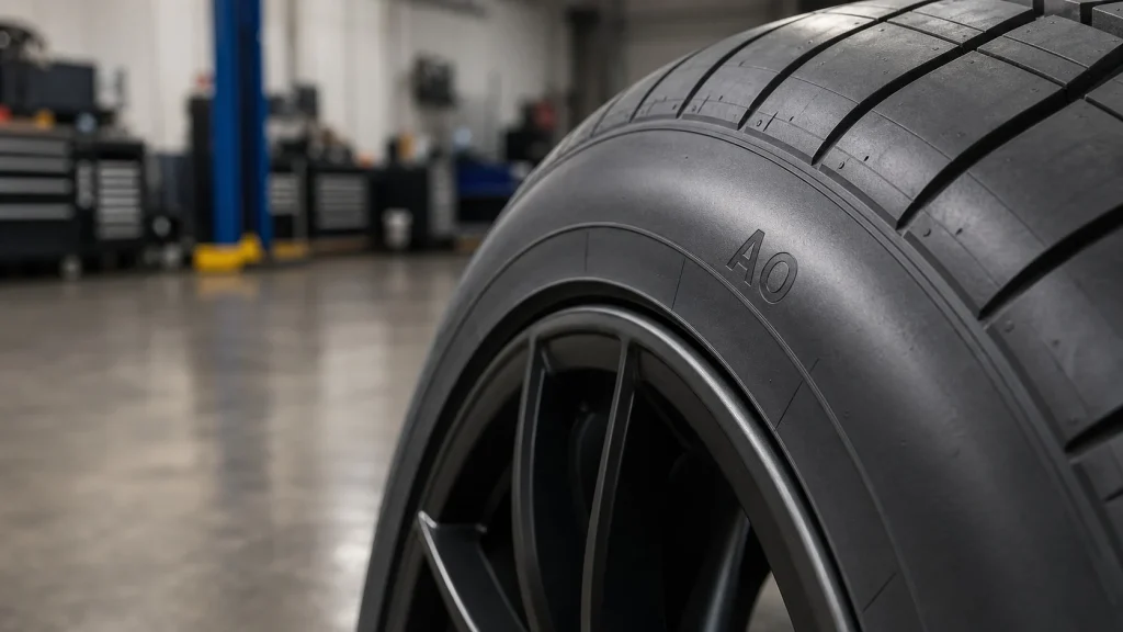 Close-up of a premium tire with the AO stamp on the sidewall