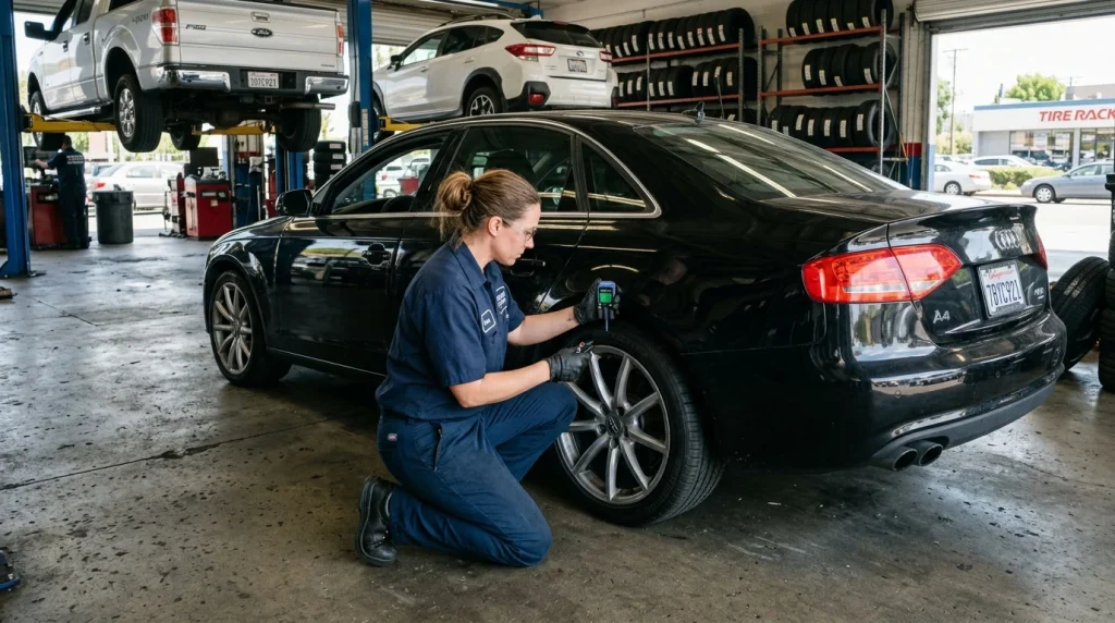 Technician measuring tire tread depth on an Audi vehicle