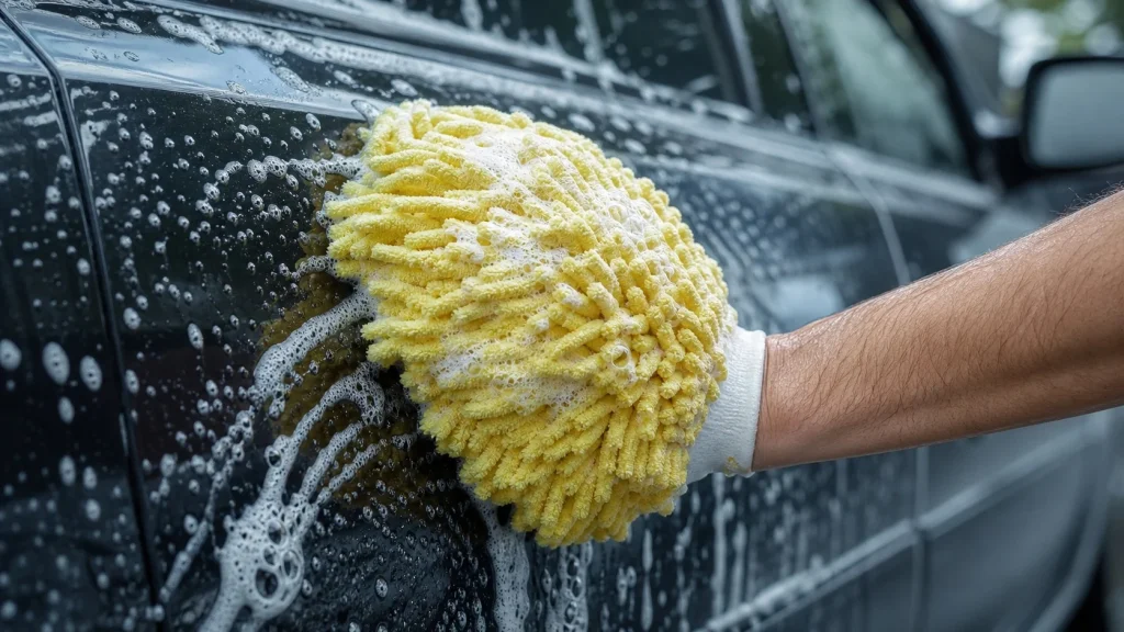 Hand washing a car panel with a microfiber mitt and soapy water.