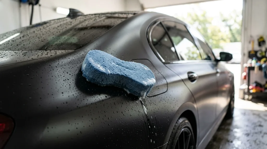 A close-up of a matte finished car surface during cleaning.
