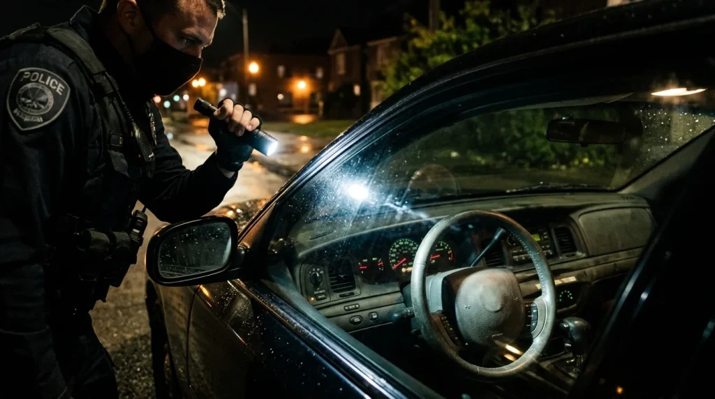 A police officer using a flashlight to look inside a car under the plain view doctrine.