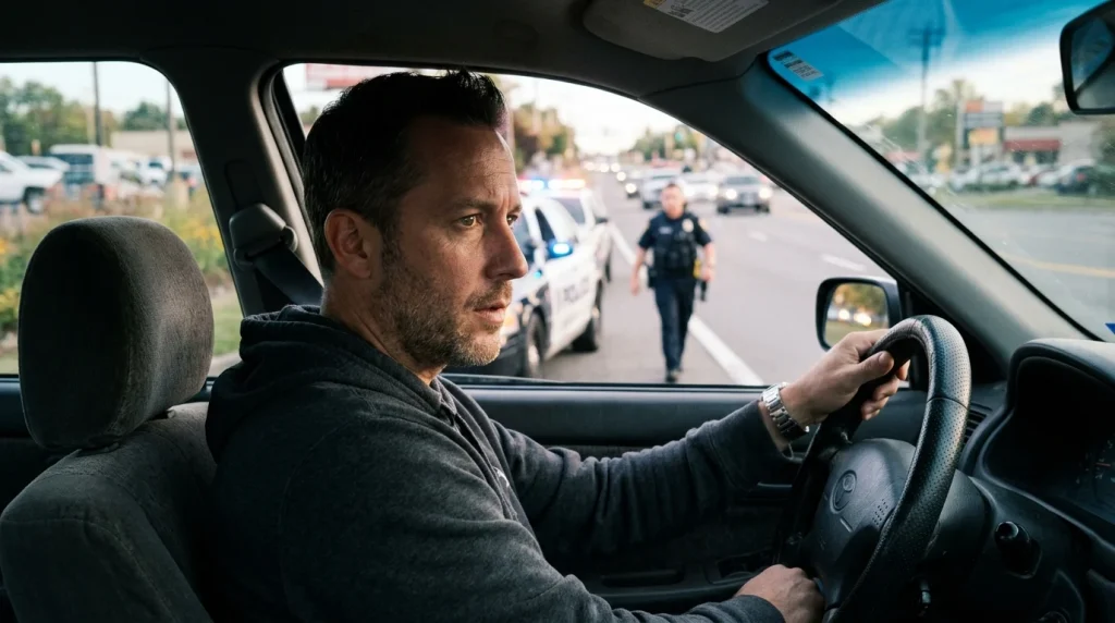 A driver maintaining hands on the wheel while an officer approaches during a traffic stop.