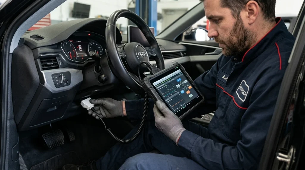 A technician using diagnostic scan tools to check for error codes inside an Audi.