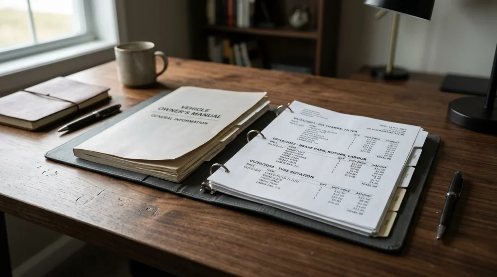 Clean folder on a wooden desk holding Audi maintenance receipts and vehicle documentation.