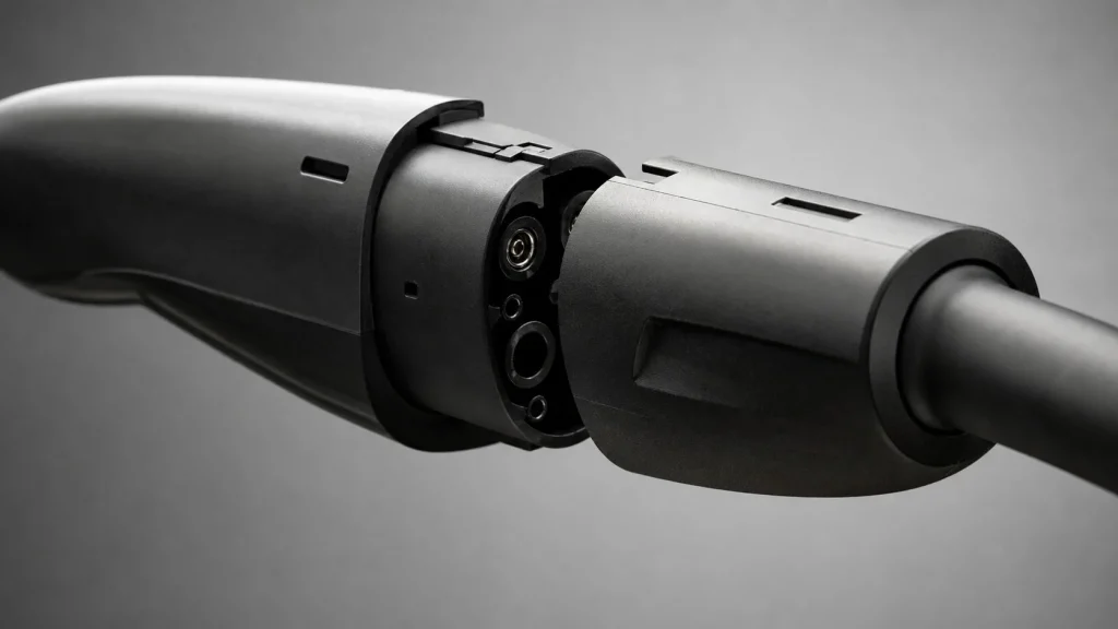 The official Audi NACS-to-CCS1 charging adapter connected to a Tesla Supercharger plug.
