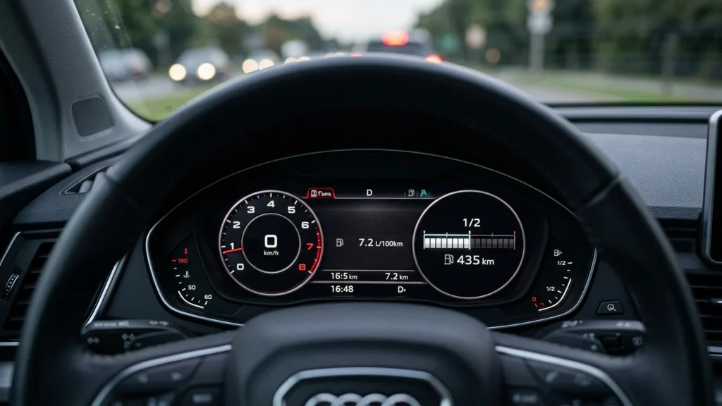 The digital fuel gauge and range indicator on a modern Audi dashboard display.