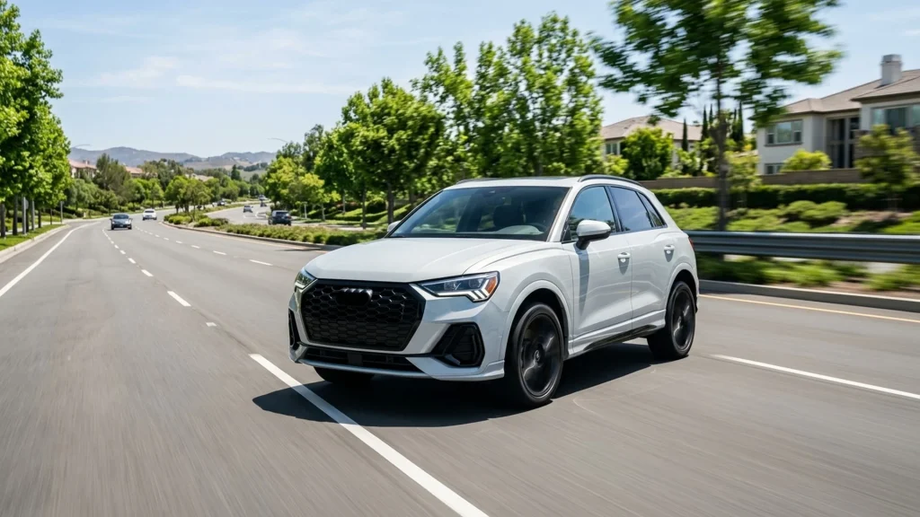 A redesigned white Audi Q3 crossover driving on an open suburban road in daylight.