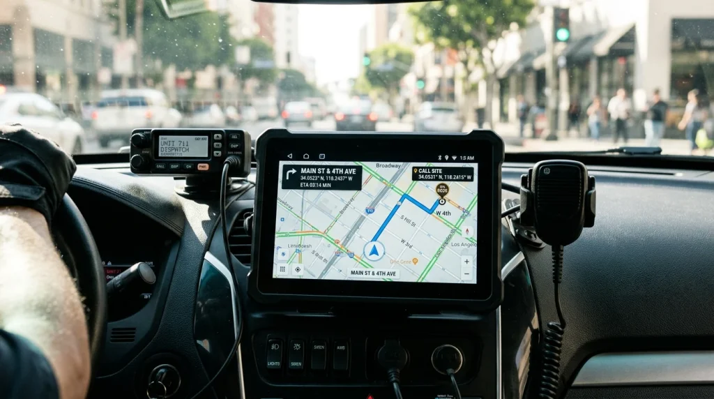 Can Audi Track My Stolen Car? 2026 Recovery Process & Costs 4 A police car dashboard displaying location tracking coordinates on a navigation screen.
