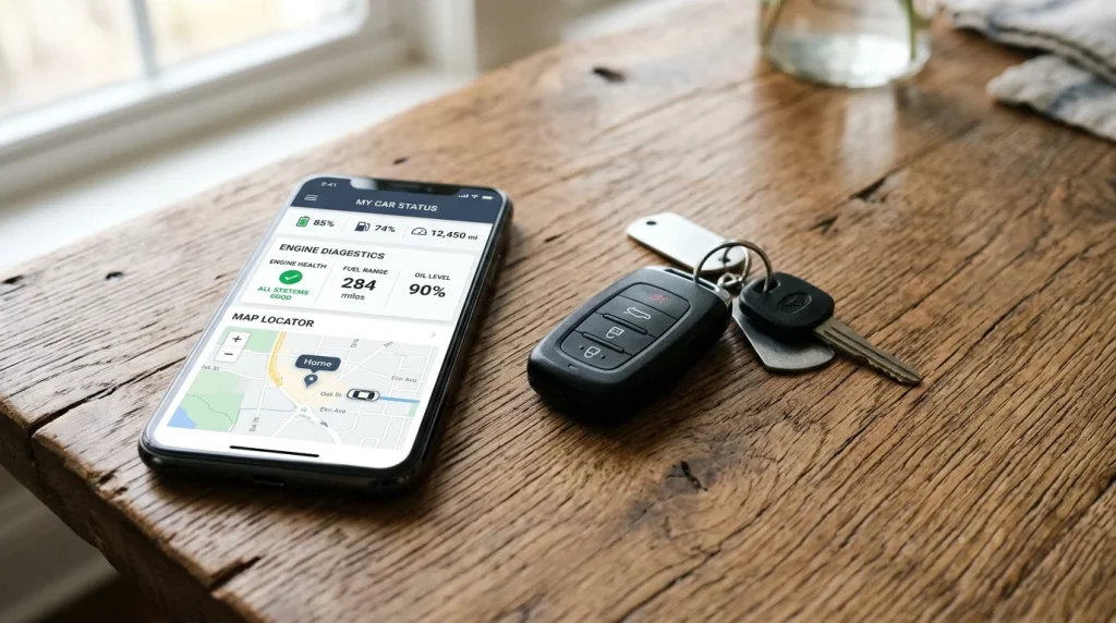 Can Audi Track My Stolen Car? 2026 Recovery Process & Costs 5 A smartphone displaying the Motion for Audi connect app next to car keys on a wooden table.