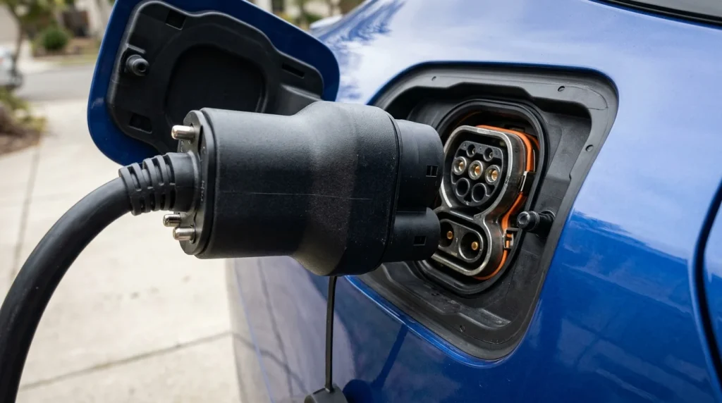 NACS to CCS1 adapter plugged into a BMW electric vehicle.