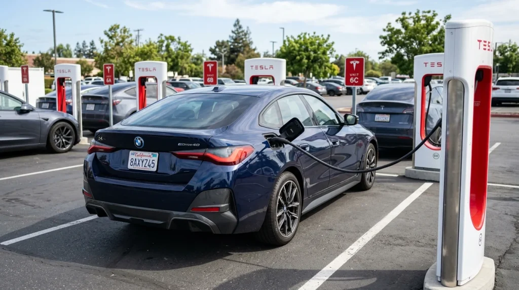 BMW EV parked at a Tesla Supercharger station displaying the short charging cable alignment.