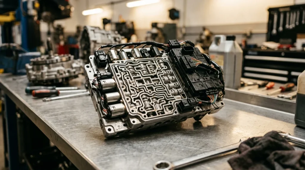 Audi DL501 S-tronic transmission mechatronic unit on a workshop workbench.