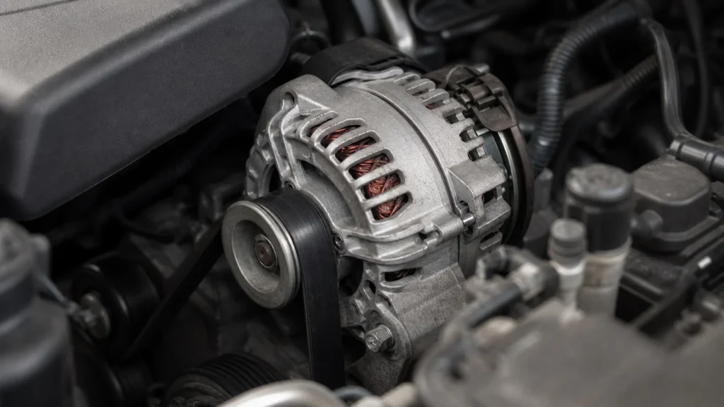 A car alternator showing copper wire windings and pulley belt in the engine bay