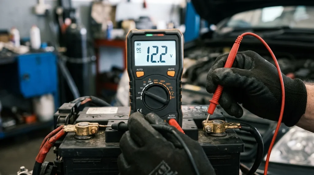 A digital multimeter testing a car battery voltage reading 12.2V