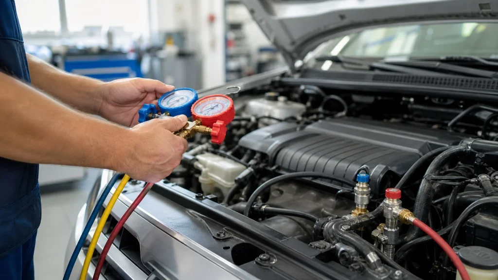 A mechanic testing the pressure of a car AC system using gauges.