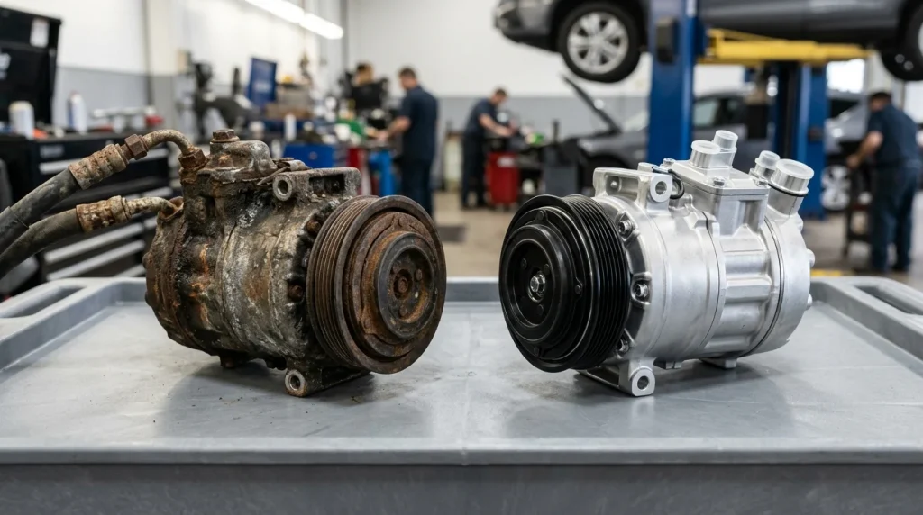 A side-by-side comparison of a failed old car AC compressor and a new replacement unit.