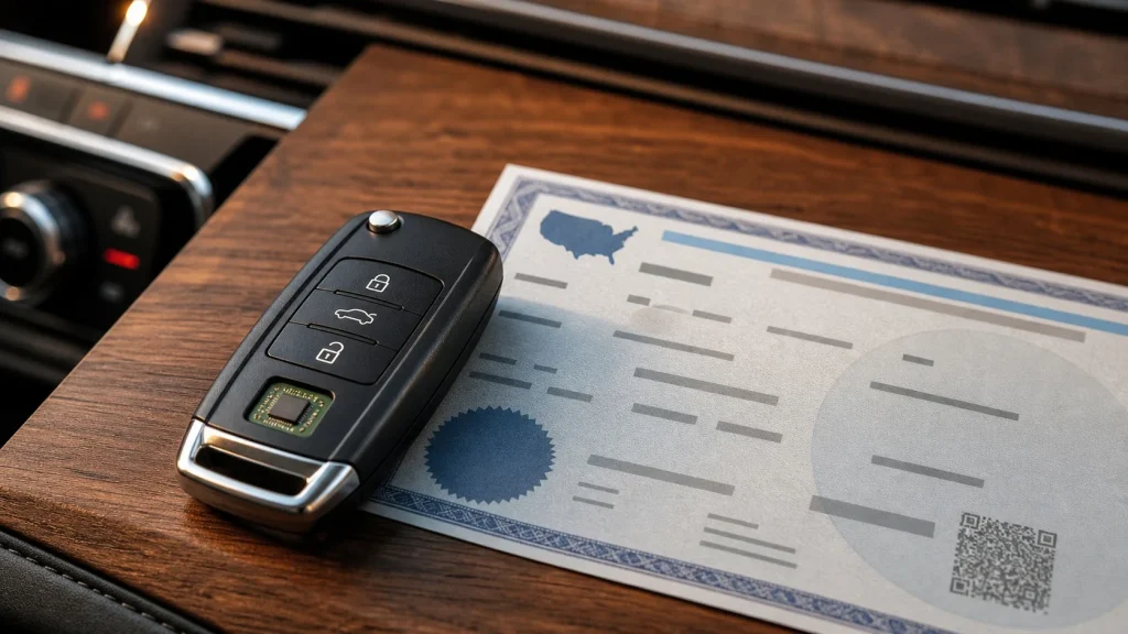A modern car key fob next to vehicle registration documents in Alabama