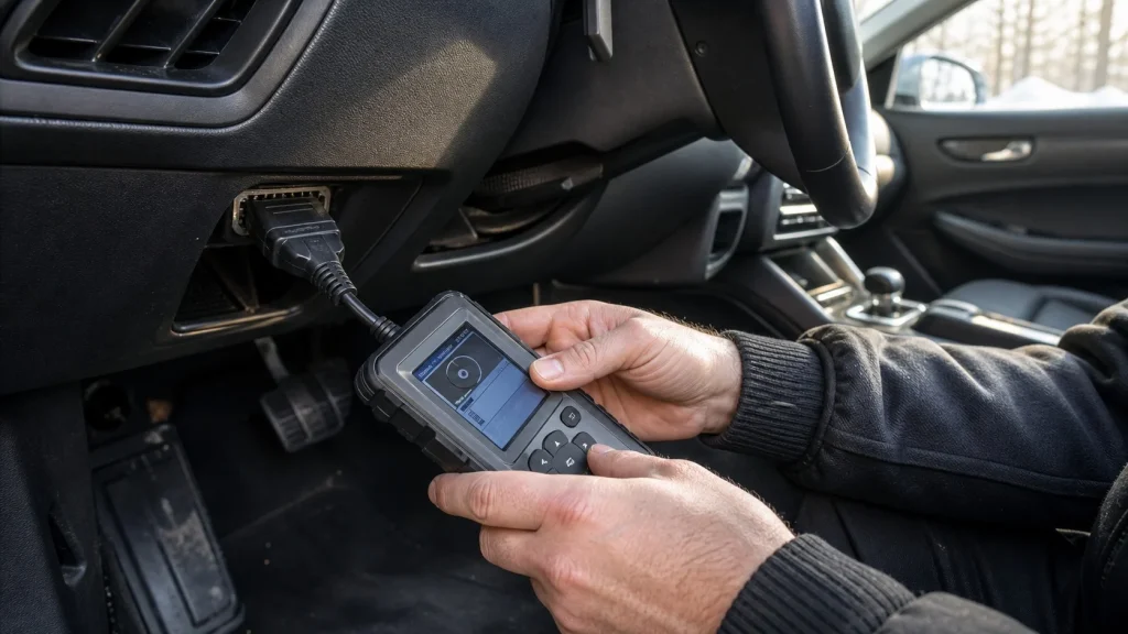 Locksmith hands programming a car key fob inside a vehicle in Alaska