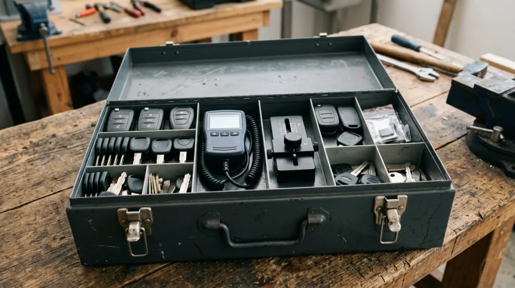 Professional locksmith tool box with key blanks and transponder programmers