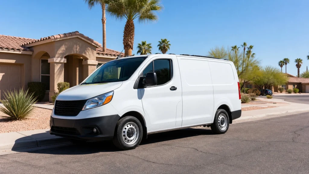 A mobile locksmith service van parked on a Phoenix street in Arizona.