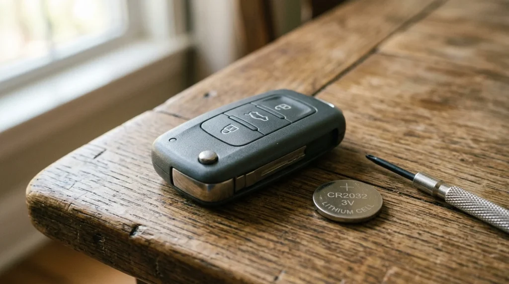 A smart key fob and a CR2032 lithium battery on a table.