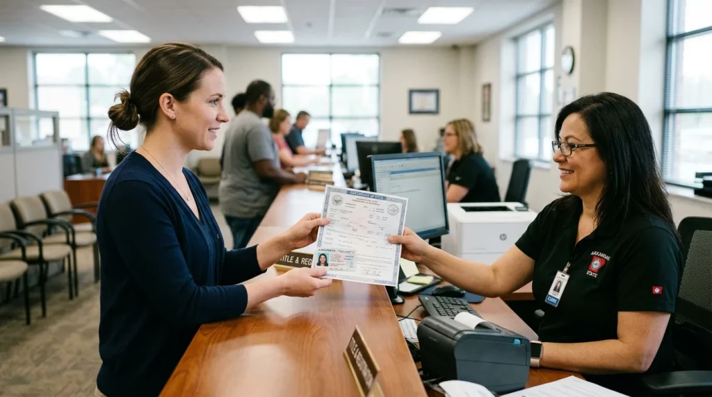 A customer showing their driver's license and vehicle title for ownership verification.