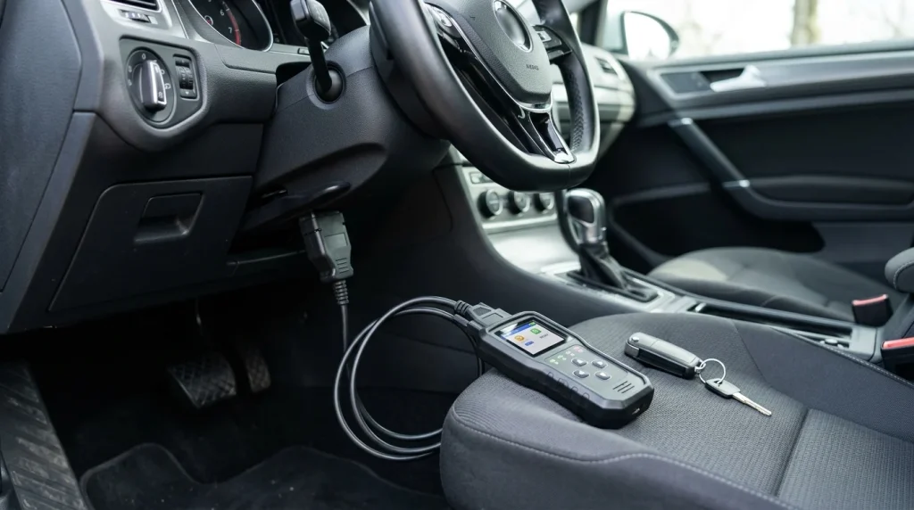 Car Key Fob Replacement in California: Costs & BSIS Rules 2 OBD2 programmer programming a new smart key fob replacement.
