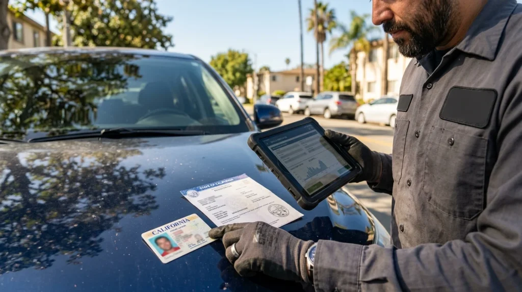 Car Key Fob Replacement in California: Costs & BSIS Rules 3 Verifying ID and vehicle registration for car key fob replacement in California.