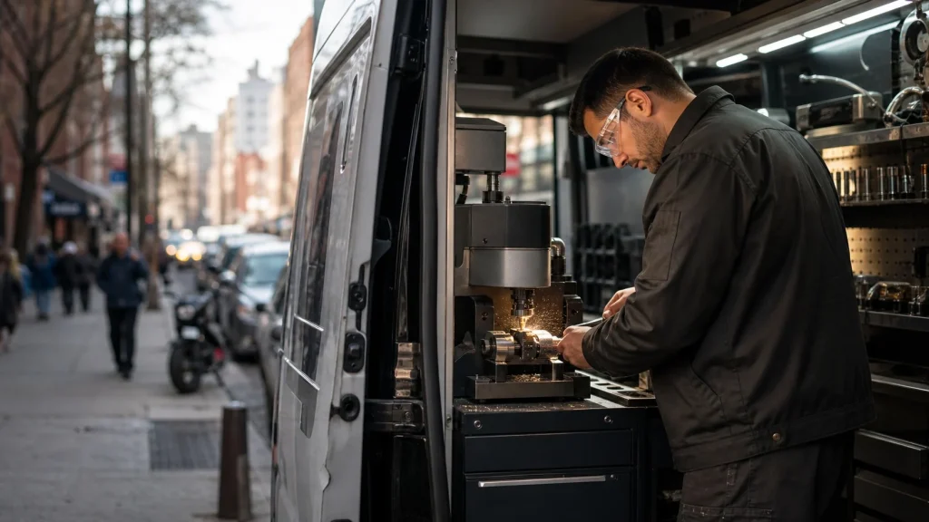 Car Key Fob Replacement in New York: Costs & Licensed Locksmith Rules 4 A licensed automotive locksmith cutting a car key using a CNC machine inside a mobile service van in New York.