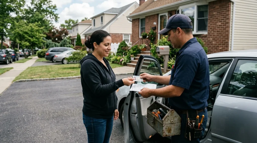 Car Key Fob Replacement in New York: Costs & Licensed Locksmith Rules 5 A car owner presenting photo ID and vehicle registration to a licensed locksmith in New York.