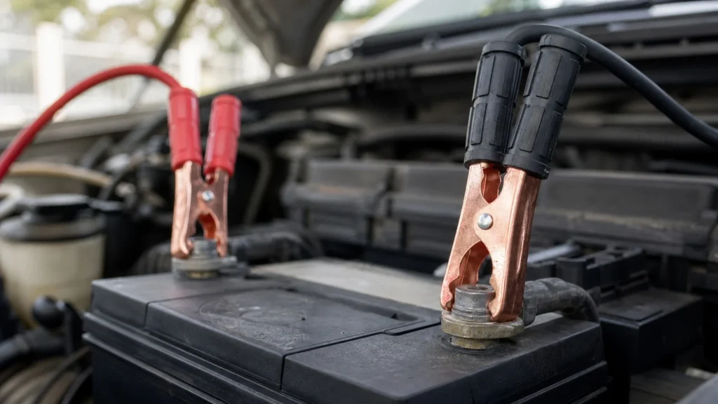 Jumper cable clamps attached to car battery terminals.