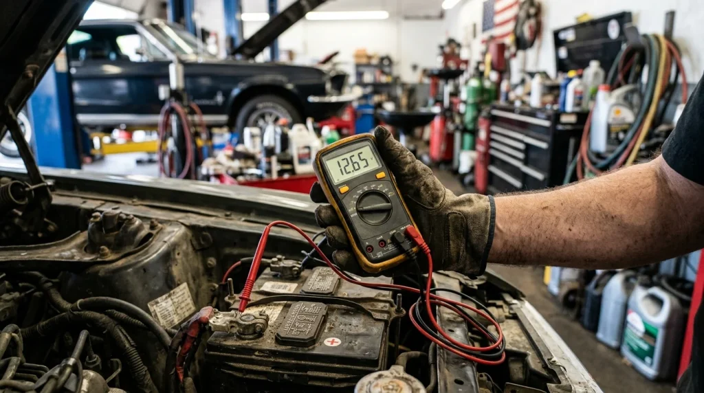A technician measuring battery voltage with a digital multimeter.