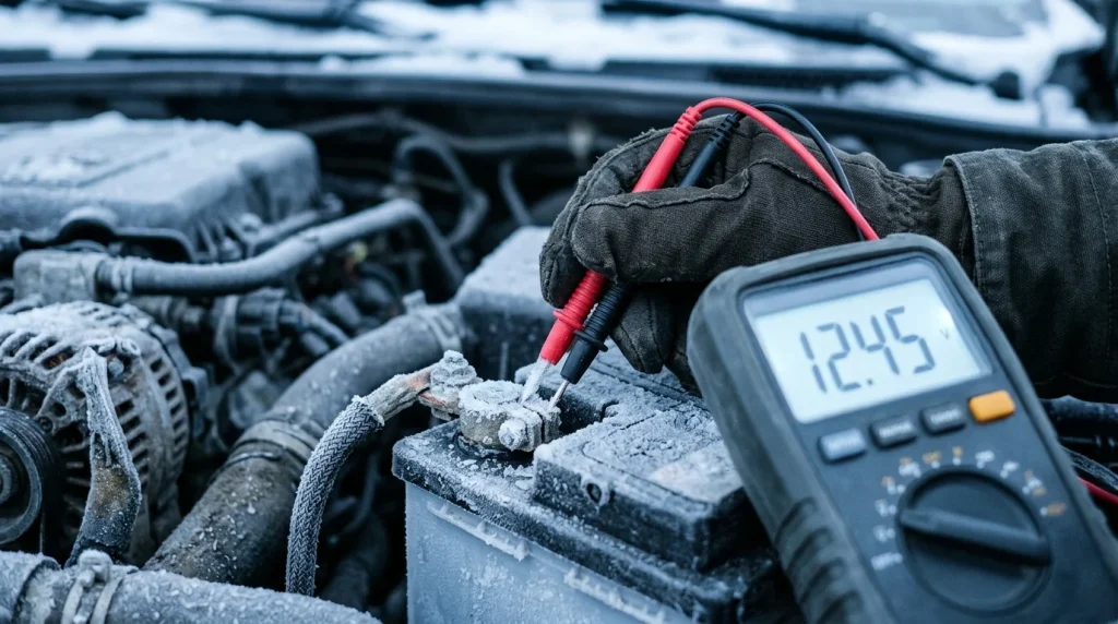 Testing car battery voltage and cold cranking amps in freezing weather.