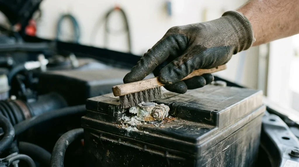 Cleaning white and green corrosion from car battery terminals.