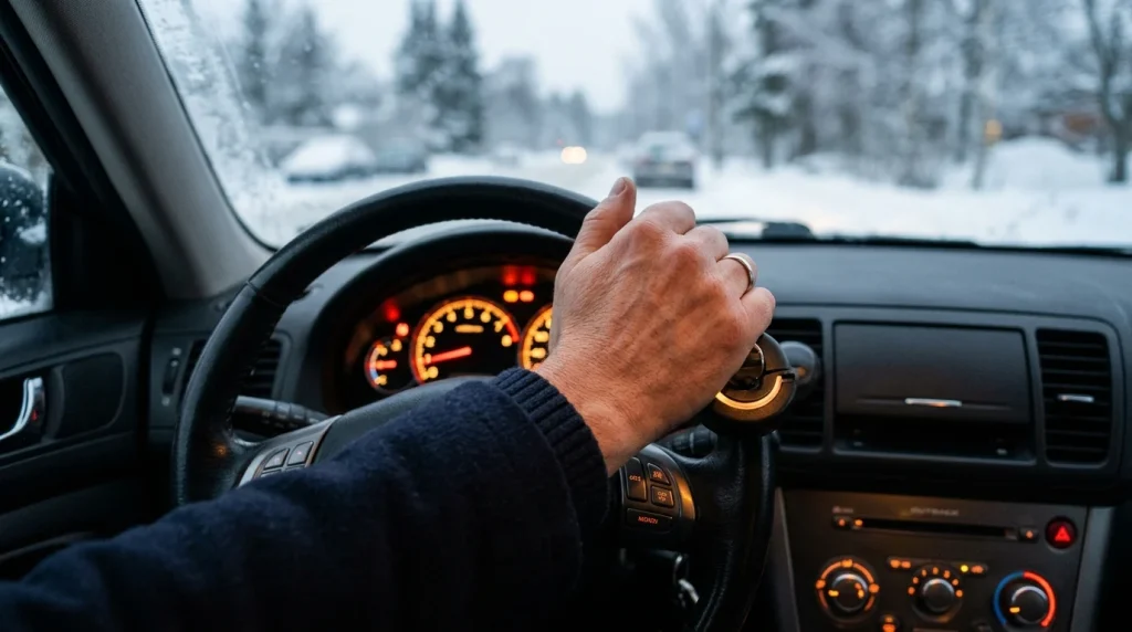 Driver turning the ignition key to cycle and start the engine in the cold.