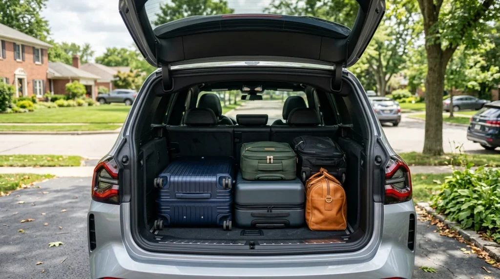 Spacious rear cargo area of the 2026 BMW X3 compact luxury SUV with luggage.