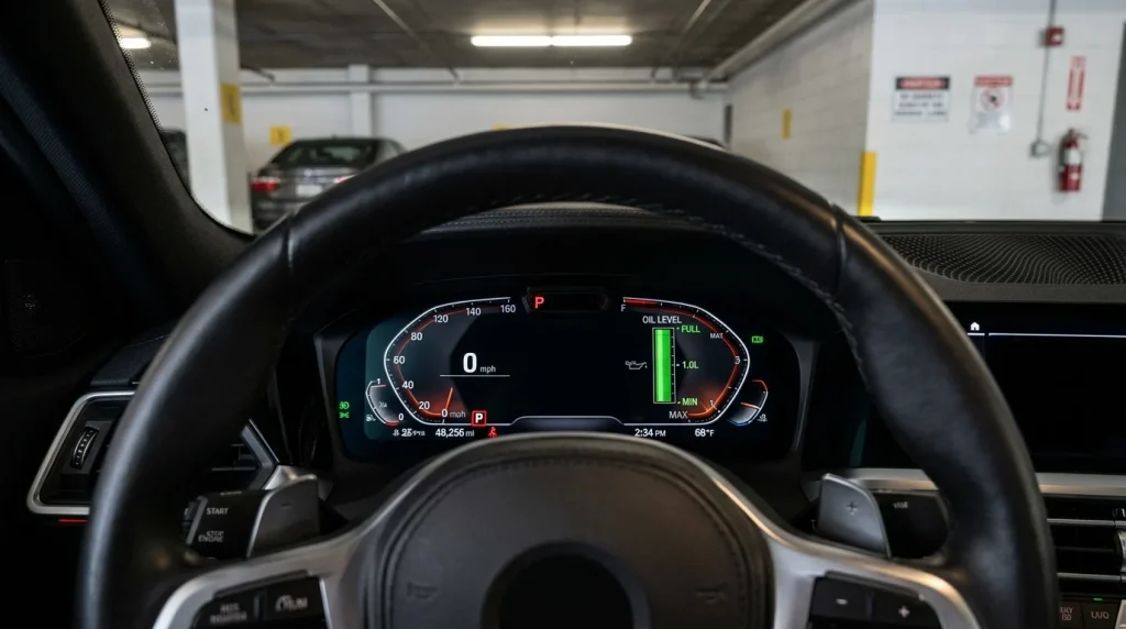 Viewing the electronic oil level status on a modern car infotainment screen