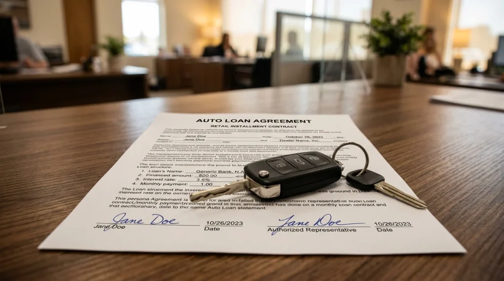 A car loan agreement contract and key fob illustrating auto loan requirements
