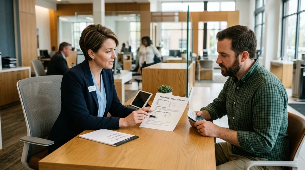 A customer and advisor discussing deductible limits for a vehicle loan