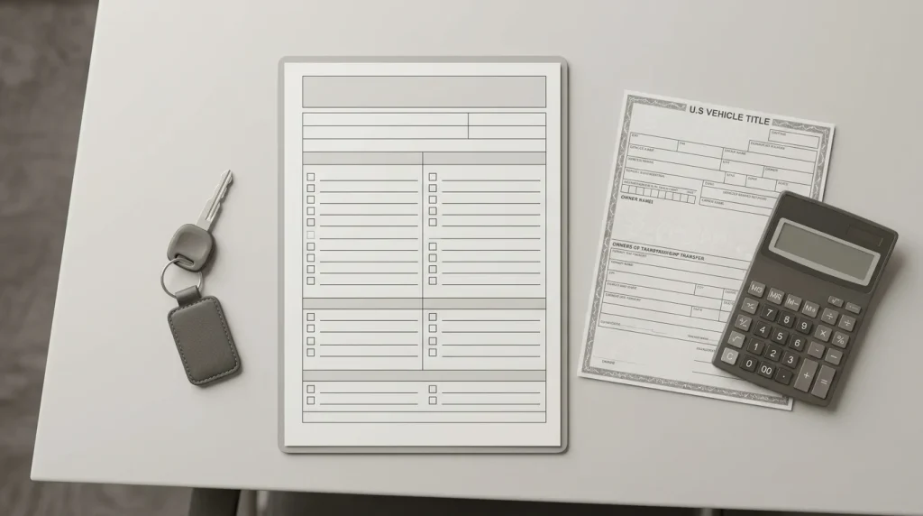 Car title and calculator illustrating when to adjust insurance coverage after payoff
