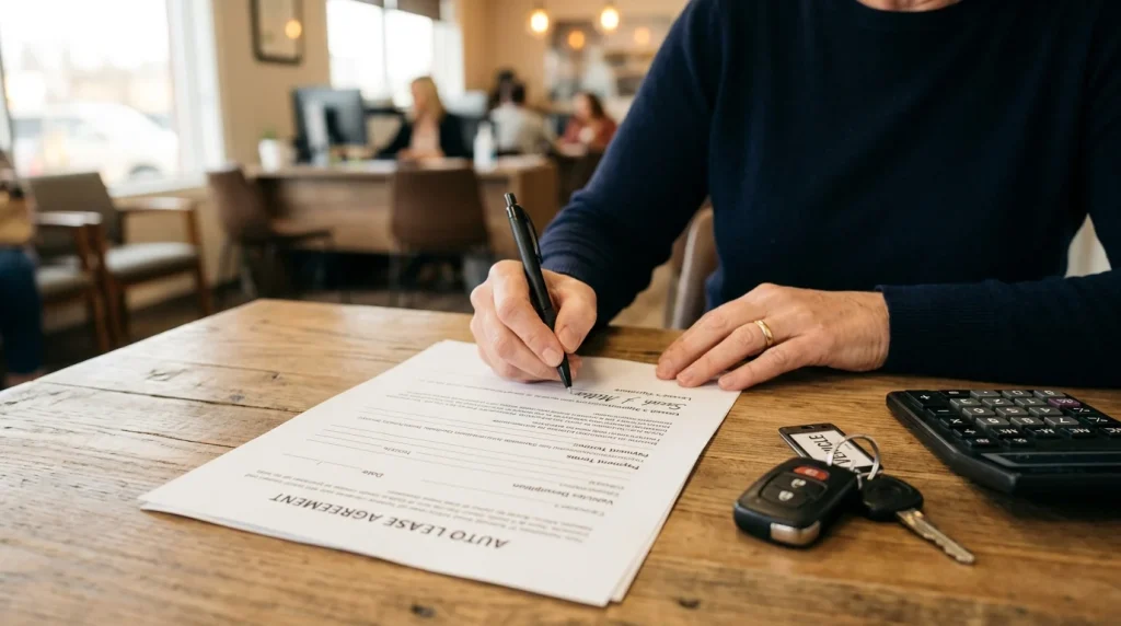 A consumer signing an auto lease contract at a dealership in the United States.