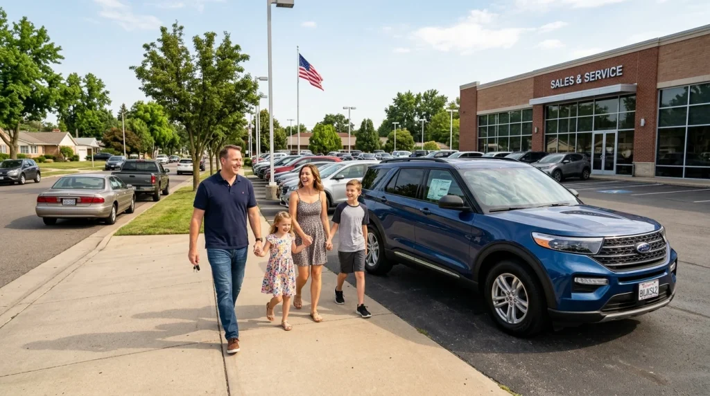 A family picking up their newly leased SUV from a U.S. car dealership.