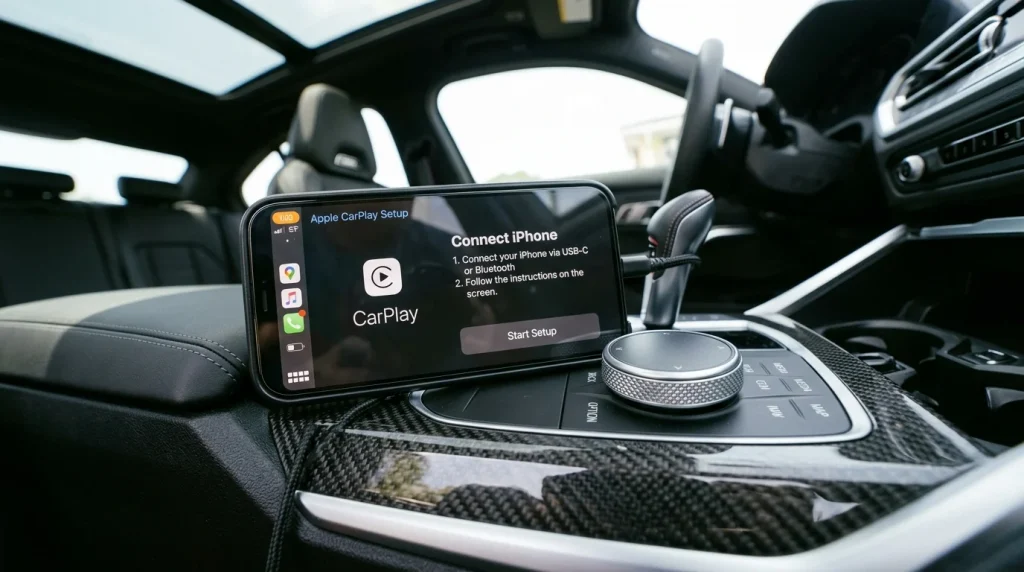 An iPhone placed on a BMW center console near the iDrive controller during CarPlay setup