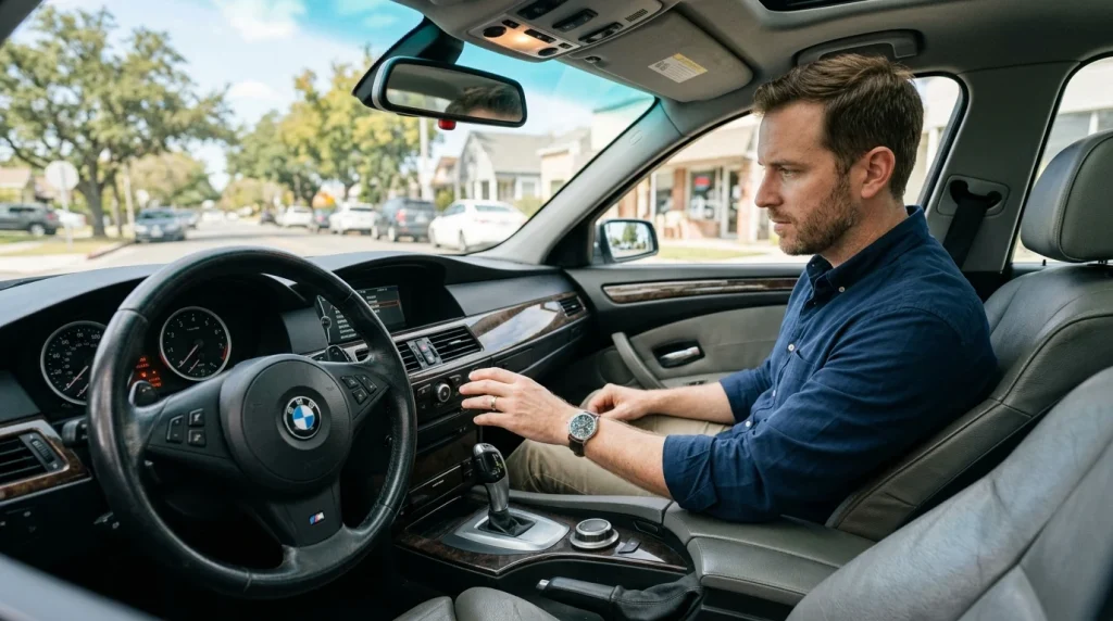 Used car buyer checking the iDrive version settings inside a pre-owned BMW