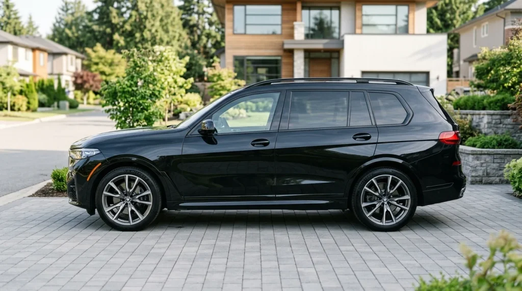 Side profile of a black BMW X7 on a driveway showing its three-row dimensions