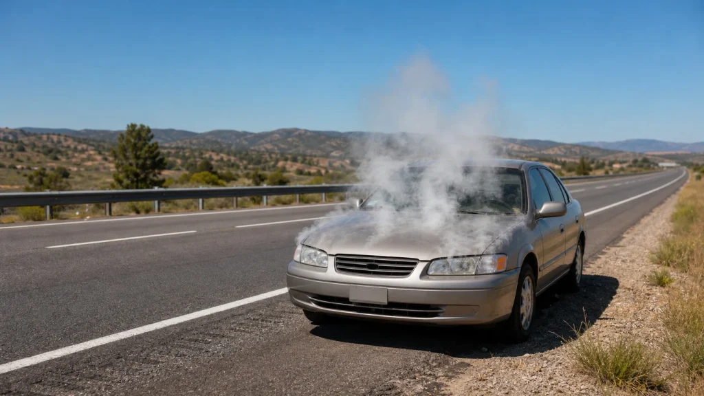 White steam billowing out from under a car hood on a highway shoulder. Caption: White steam rising from under the hood indicates that the cooling system pressure has been exceeded.