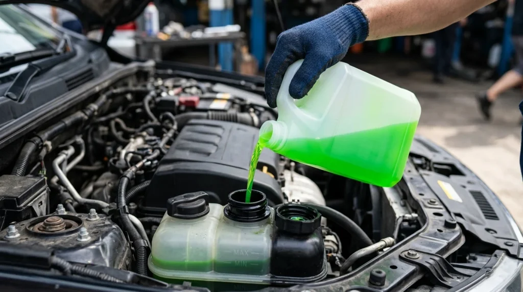 A mechanic adding green coolant to a car reservoir tank. Caption: Adding coolant to the reservoir helps maintain the required fluid levels, but this must only be done after the engine has cooled down completely.