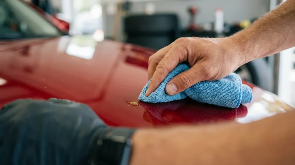 A close-up of a microfiber cloth applying isopropyl alcohol to a tree sap stain on red car paint.