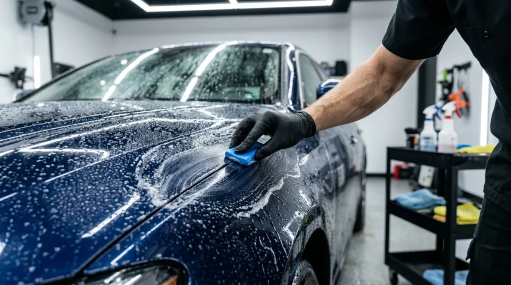A detailing clay bar being used with lubricant on a wet grey car paint surface to remove sap residue.